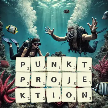 Kreative Illustration für ein Scrabble-Spiel, bei dem das Wort PUNKTPROJEKTION mit Steinen auf dem Brett gelegt wurde.