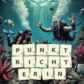 Kreative Illustration für ein Scrabble-Spiel, bei dem das Wort PUNKTRICHTERIN mit Steinen auf dem Brett gelegt wurde.