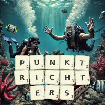 Kreative Illustration für ein Scrabble-Spiel, bei dem das Wort PUNKTRICHTERS mit Steinen auf dem Brett gelegt wurde.