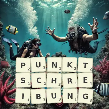 Kreative Illustration für ein Scrabble-Spiel, bei dem das Wort PUNKTSCHREIBUNG mit Steinen auf dem Brett gelegt wurde.