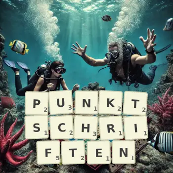Kreative Illustration für ein Scrabble-Spiel, bei dem das Wort PUNKTSCHRIFTEN mit Steinen auf dem Brett gelegt wurde.