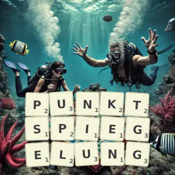Kreative Illustration für ein Scrabble-Spiel, bei dem das Wort PUNKTSPIEGELUNG mit Steinen auf dem Brett gelegt wurde.