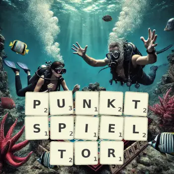 Kreative Illustration für ein Scrabble-Spiel, bei dem das Wort PUNKTSPIELTOR mit Steinen auf dem Brett gelegt wurde.