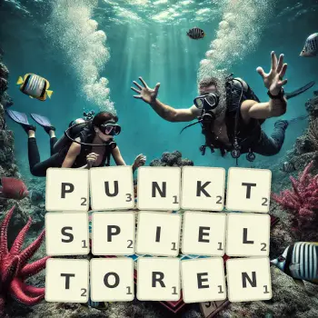 Kreative Illustration für ein Scrabble-Spiel, bei dem das Wort PUNKTSPIELTOREN mit Steinen auf dem Brett gelegt wurde.
