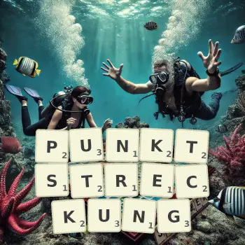 Kreative Illustration für ein Scrabble-Spiel, bei dem das Wort PUNKTSTRECKUNG mit Steinen auf dem Brett gelegt wurde.