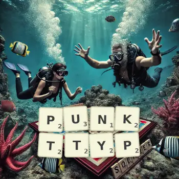 Kreative Illustration für ein Scrabble-Spiel, bei dem das Wort PUNKTTYP mit Steinen auf dem Brett gelegt wurde.