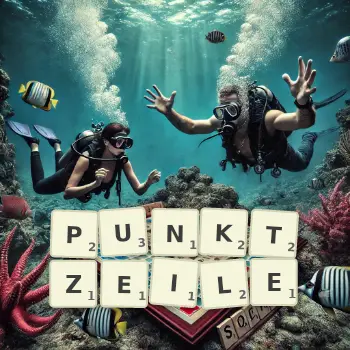 Kreative Illustration für ein Scrabble-Spiel, bei dem das Wort PUNKTZEILE mit Steinen auf dem Brett gelegt wurde.