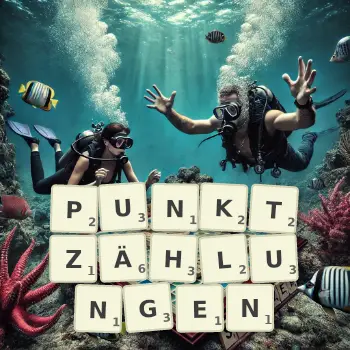 Kreative Illustration für ein Scrabble-Spiel, bei dem das Wort PUNKTZÄHLUNGEN mit Steinen auf dem Brett gelegt wurde.