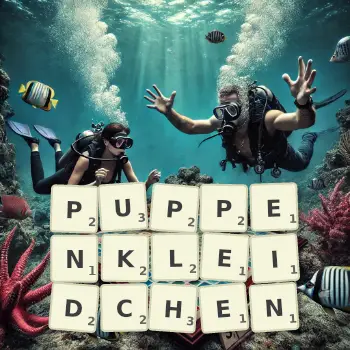 Kreative Illustration für ein Scrabble-Spiel, bei dem das Wort PUPPENKLEIDCHEN mit Steinen auf dem Brett gelegt wurde.