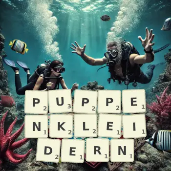 Kreative Illustration für ein Scrabble-Spiel, bei dem das Wort PUPPENKLEIDERN mit Steinen auf dem Brett gelegt wurde.