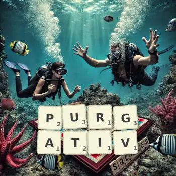 Kreative Illustration für ein Scrabble-Spiel, bei dem das Wort PURGATIV mit Steinen auf dem Brett gelegt wurde.