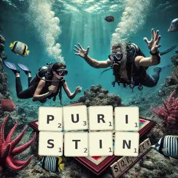 Kreative Illustration für ein Scrabble-Spiel, bei dem das Wort PURISTIN mit Steinen auf dem Brett gelegt wurde.