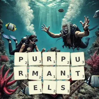 Kreative Illustration für ein Scrabble-Spiel, bei dem das Wort PURPURMANTELS mit Steinen auf dem Brett gelegt wurde.