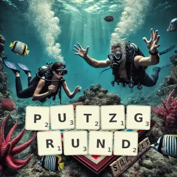 Kreative Illustration für ein Scrabble-Spiel, bei dem das Wort PUTZGRUND mit Steinen auf dem Brett gelegt wurde.