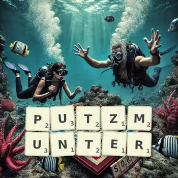 Kreative Illustration für ein Scrabble-Spiel, bei dem das Wort PUTZMUNTER mit Steinen auf dem Brett gelegt wurde.