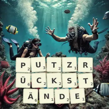 Kreative Illustration für ein Scrabble-Spiel, bei dem das Wort PUTZRÜCKSTÄNDE mit Steinen auf dem Brett gelegt wurde.