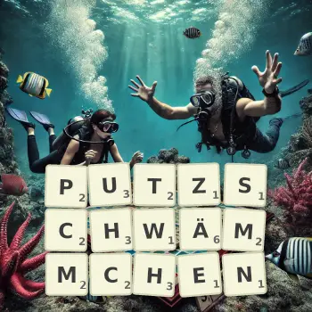 Kreative Illustration für ein Scrabble-Spiel, bei dem das Wort PUTZSCHWÄMMCHEN mit Steinen auf dem Brett gelegt wurde.