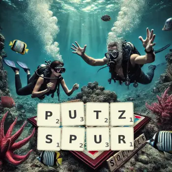 Kreative Illustration für ein Scrabble-Spiel, bei dem das Wort PUTZSPUR mit Steinen auf dem Brett gelegt wurde.
