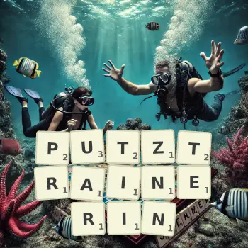 Kreative Illustration für ein Scrabble-Spiel, bei dem das Wort PUTZTRAINERIN mit Steinen auf dem Brett gelegt wurde.