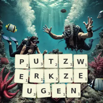 Kreative Illustration für ein Scrabble-Spiel, bei dem das Wort PUTZWERKZEUGEN mit Steinen auf dem Brett gelegt wurde.