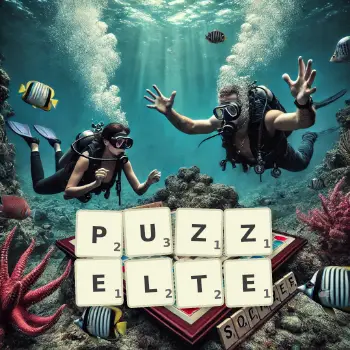 Kreative Illustration für ein Scrabble-Spiel, bei dem das Wort PUZZELTE mit Steinen auf dem Brett gelegt wurde.