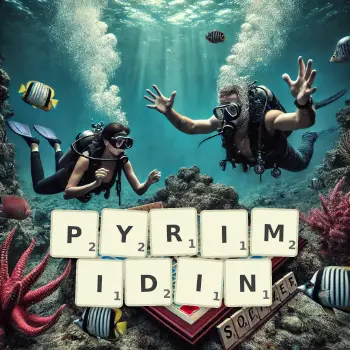 Kreative Illustration für ein Scrabble-Spiel, bei dem das Wort PYRIMIDIN mit Steinen auf dem Brett gelegt wurde.