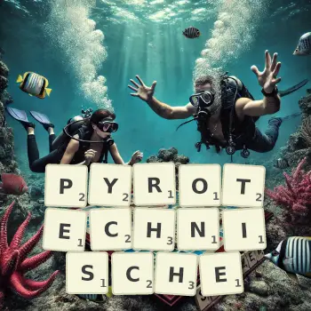 Kreative Illustration für ein Scrabble-Spiel, bei dem das Wort PYROTECHNISCHE mit Steinen auf dem Brett gelegt wurde.