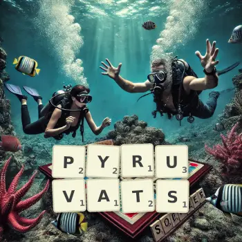 Kreative Illustration für ein Scrabble-Spiel, bei dem das Wort PYRUVATS mit Steinen auf dem Brett gelegt wurde.