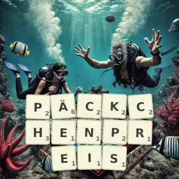 Kreative Illustration für ein Scrabble-Spiel, bei dem das Wort PÄCKCHENPREIS mit Steinen auf dem Brett gelegt wurde.