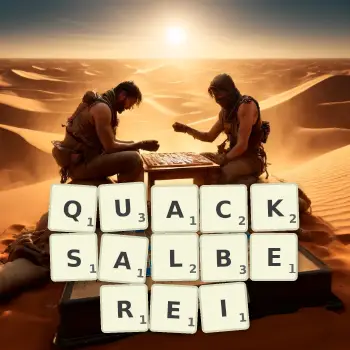 Kreative Illustration für ein Scrabble-Spiel, bei dem das Wort QUACKSALBEREI mit Steinen auf dem Brett gelegt wurde.