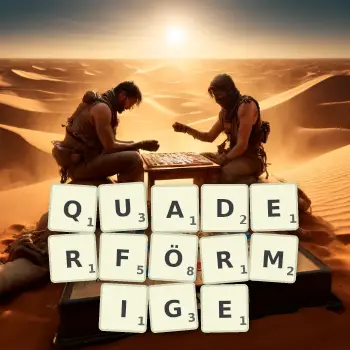 Kreative Illustration für ein Scrabble-Spiel, bei dem das Wort QUADERFÖRMIGE mit Steinen auf dem Brett gelegt wurde.