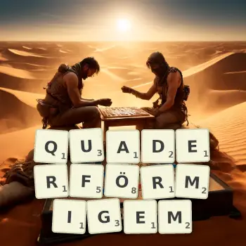 Kreative Illustration für ein Scrabble-Spiel, bei dem das Wort QUADERFÖRMIGEM mit Steinen auf dem Brett gelegt wurde.