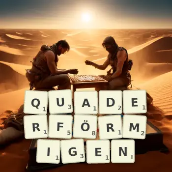 Kreative Illustration für ein Scrabble-Spiel, bei dem das Wort QUADERFÖRMIGEN mit Steinen auf dem Brett gelegt wurde.