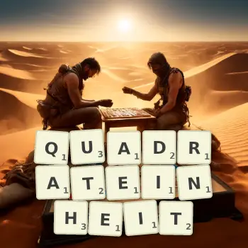 Kreative Illustration für ein Scrabble-Spiel, bei dem das Wort QUADRATEINHEIT mit Steinen auf dem Brett gelegt wurde.