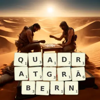Kreative Illustration für ein Scrabble-Spiel, bei dem das Wort QUADRATGRÄBERN mit Steinen auf dem Brett gelegt wurde.