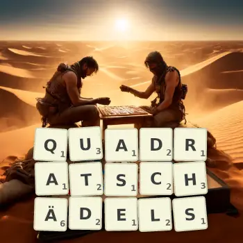 Kreative Illustration für ein Scrabble-Spiel, bei dem das Wort QUADRATSCHÄDELS mit Steinen auf dem Brett gelegt wurde.