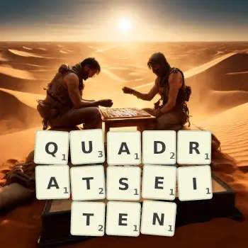 Kreative Illustration für ein Scrabble-Spiel, bei dem das Wort QUADRATSEITEN mit Steinen auf dem Brett gelegt wurde.