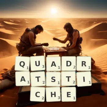 Kreative Illustration für ein Scrabble-Spiel, bei dem das Wort QUADRATSTICHE mit Steinen auf dem Brett gelegt wurde.