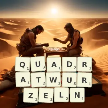 Kreative Illustration für ein Scrabble-Spiel, bei dem das Wort QUADRATWURZELN mit Steinen auf dem Brett gelegt wurde.