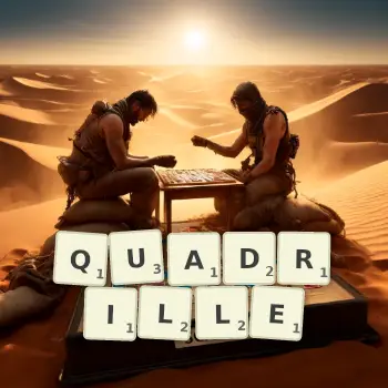 Kreative Illustration für ein Scrabble-Spiel, bei dem das Wort QUADRILLE mit Steinen auf dem Brett gelegt wurde.