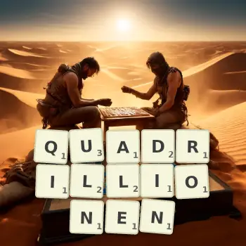 Kreative Illustration für ein Scrabble-Spiel, bei dem das Wort QUADRILLIONEN mit Steinen auf dem Brett gelegt wurde.