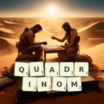 Kreative Illustration für ein Scrabble-Spiel, bei dem das Wort QUADRINOM mit Steinen auf dem Brett gelegt wurde.