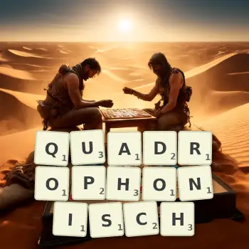 Kreative Illustration für ein Scrabble-Spiel, bei dem das Wort QUADROPHONISCH mit Steinen auf dem Brett gelegt wurde.