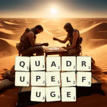 Kreative Illustration für ein Scrabble-Spiel, bei dem das Wort QUADRUPELFUGE mit Steinen auf dem Brett gelegt wurde.