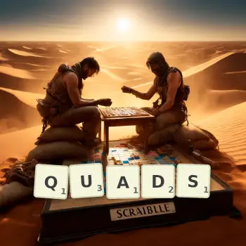 Kreative Illustration für ein Scrabble-Spiel, bei dem das Wort QUADS mit Steinen auf dem Brett gelegt wurde.