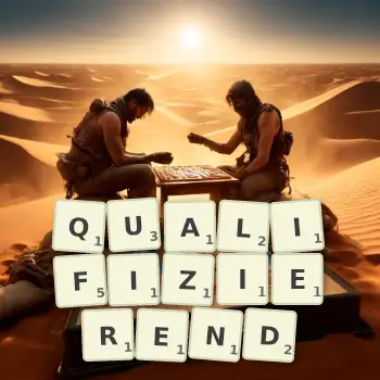 Kreative Illustration für ein Scrabble-Spiel, bei dem das Wort QUALIFIZIEREND mit Steinen auf dem Brett gelegt wurde.