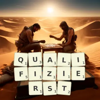 Kreative Illustration für ein Scrabble-Spiel, bei dem das Wort QUALIFIZIERST mit Steinen auf dem Brett gelegt wurde.