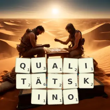 Kreative Illustration für ein Scrabble-Spiel, bei dem das Wort QUALITÄTSKINO mit Steinen auf dem Brett gelegt wurde.