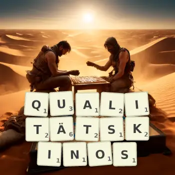 Kreative Illustration für ein Scrabble-Spiel, bei dem das Wort QUALITÄTSKINOS mit Steinen auf dem Brett gelegt wurde.