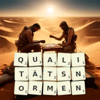 Kreative Illustration für ein Scrabble-Spiel, bei dem das Wort QUALITÄTSNORMEN mit Steinen auf dem Brett gelegt wurde.